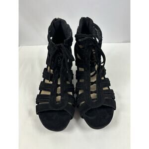 Earthies Saletto Cage Sandals Booties Black Suede 8.5 B Lace Up Arch Support Zip